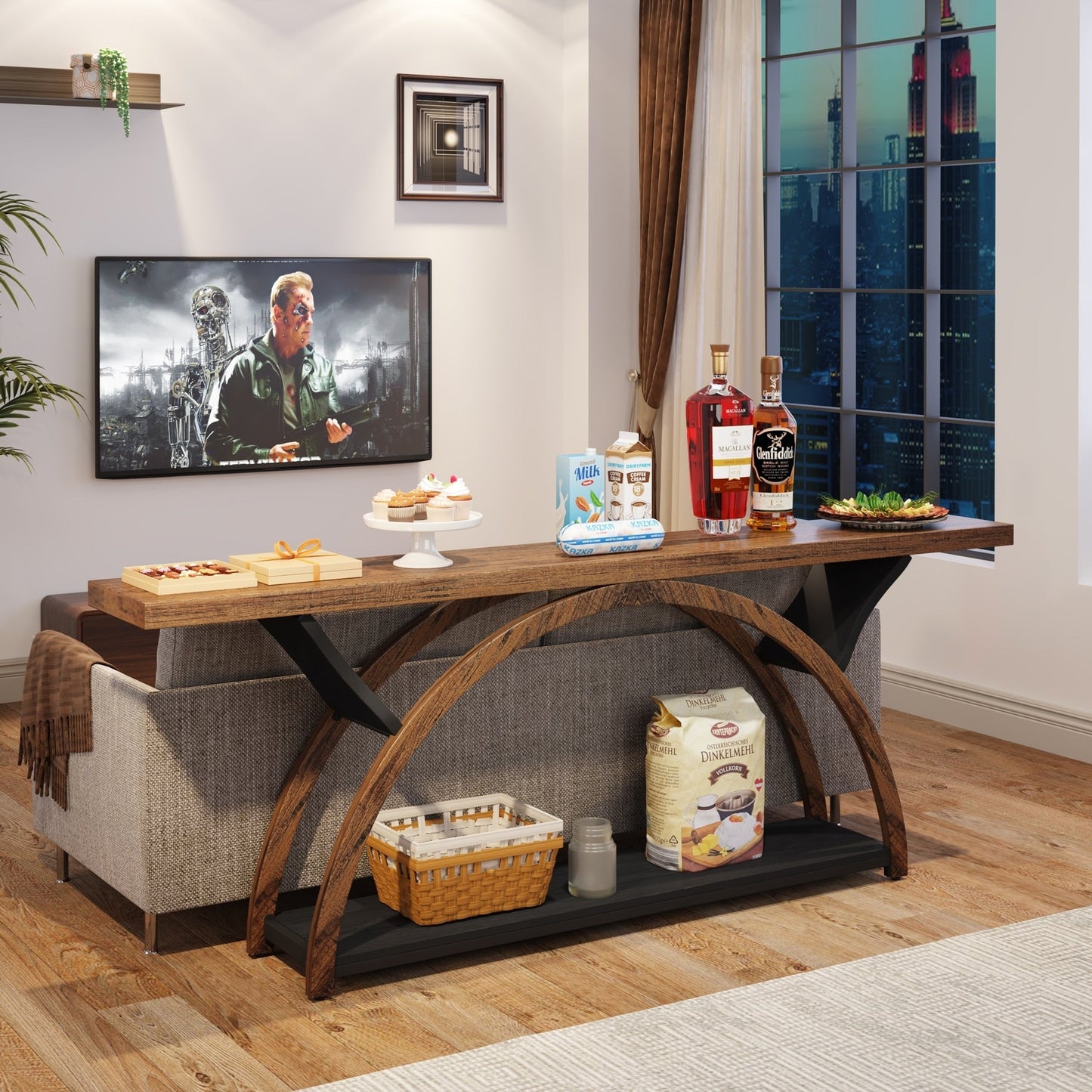 Console étroite à deux niveaux avec cadre semi-circulaire pour entrée, tables d'appoint de couloir grises