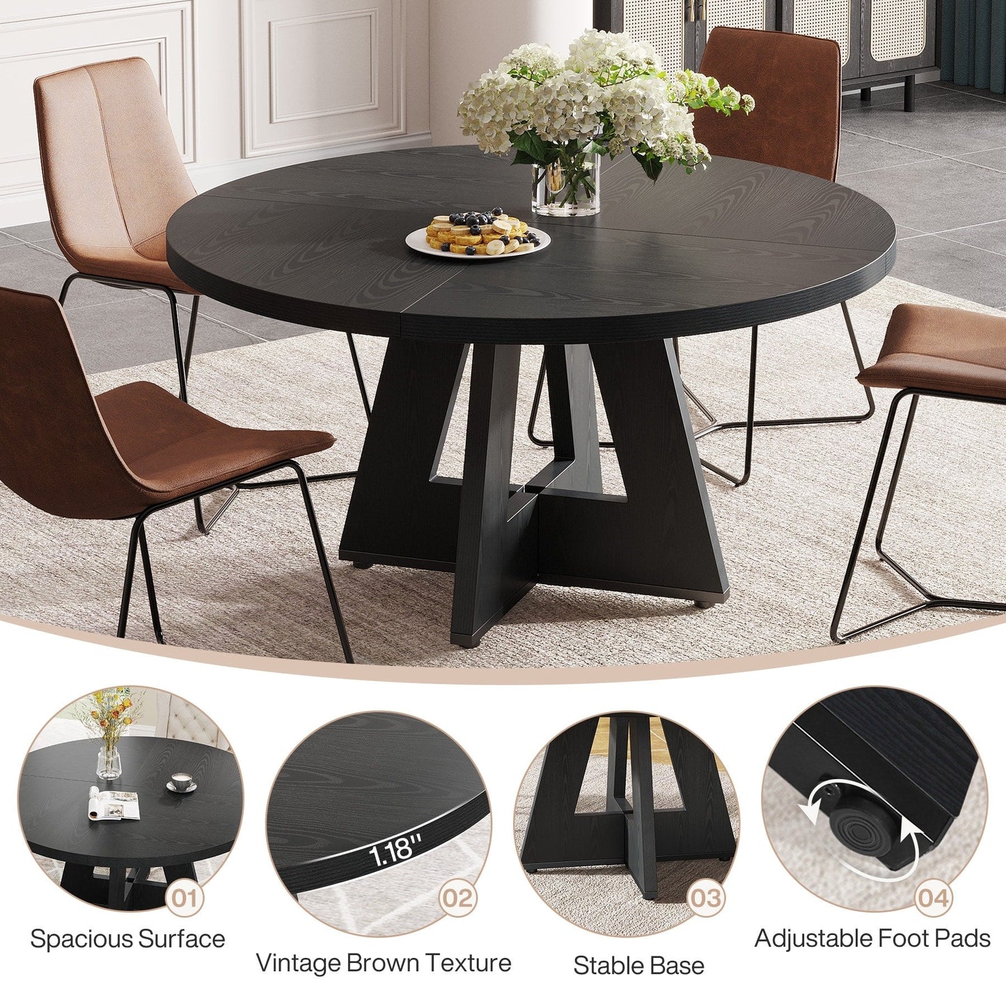 Table à manger ronde 47 pouces pour 4 personnes, table de cuisine de style campagnard, petite table à dîner en bois pour salle à manger et salon