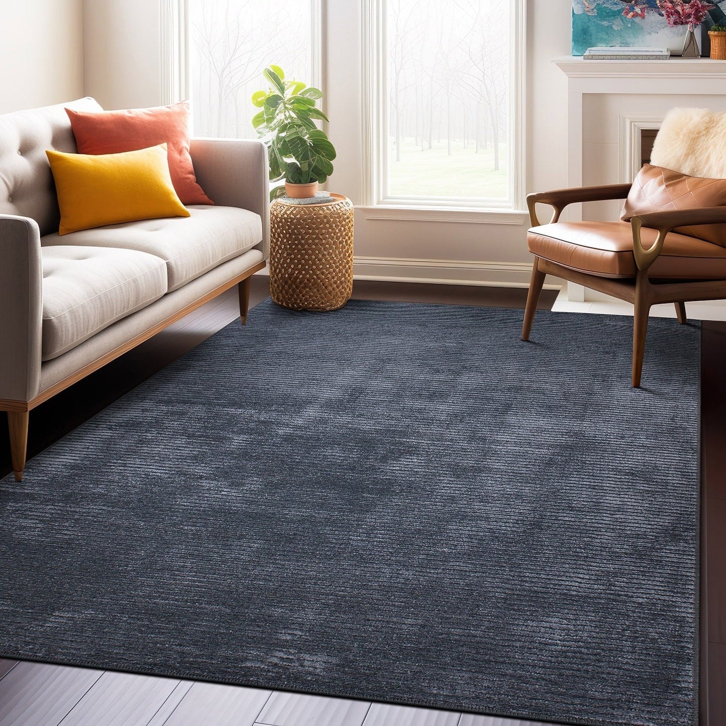 Tapis contemporain à rayures vieillies lavable en machine