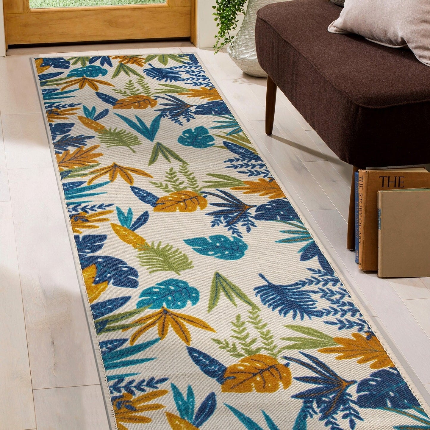 Tapis d'intérieur/extérieur à feuilles florales contemporaines