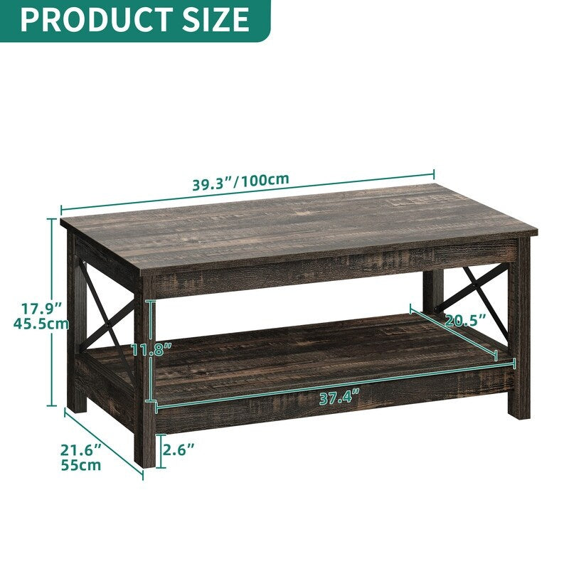 Table basse de style ferme avec rangement, table centrale à 2 niveaux pour le salon