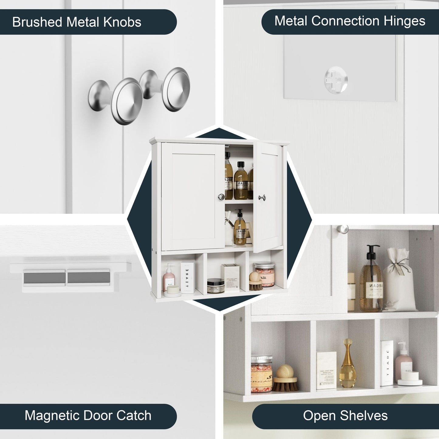 Meuble de salle de bain Futzca mural, meuble de rangement avec portes et étagères