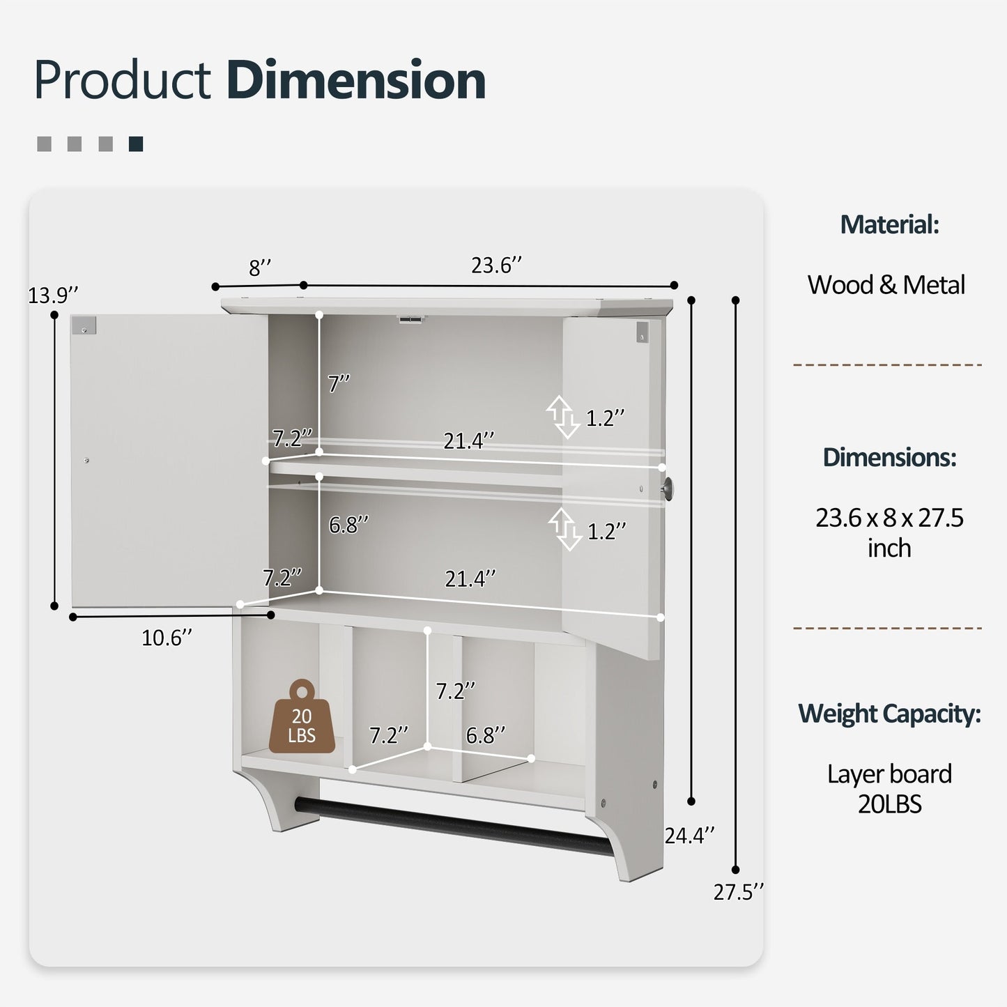 Meuble de salle de bain Futzca mural, meuble de rangement avec portes et étagères