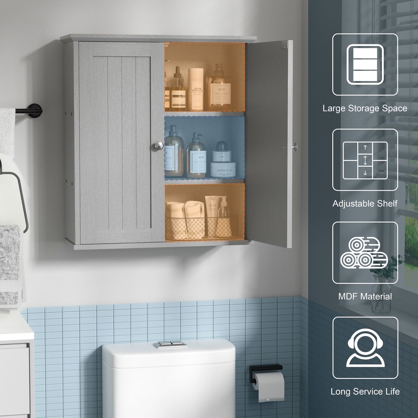 Meuble de salle de bain Futzca mural, meuble de rangement avec portes et étagères