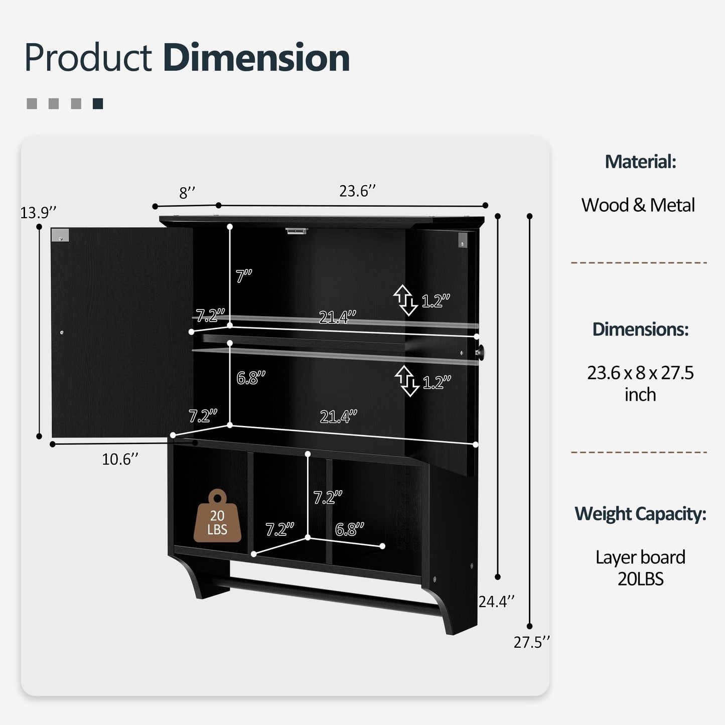 Meuble de salle de bain Futzca mural, meuble de rangement avec portes et étagères