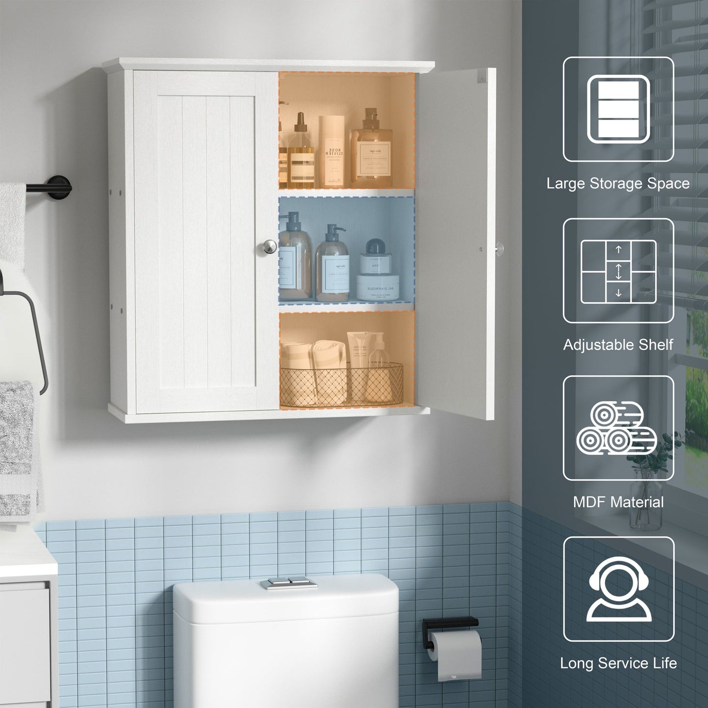 Meuble de salle de bain Futzca mural, meuble de rangement avec portes et étagères
