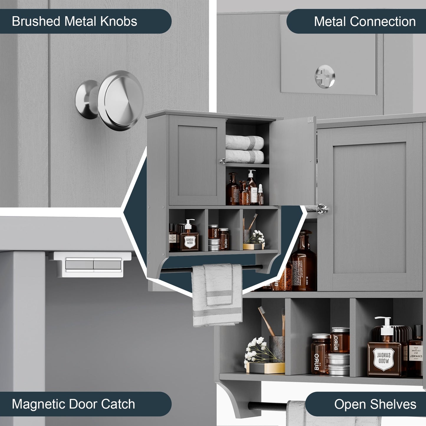 Meuble de salle de bain Futzca mural, meuble de rangement avec portes et étagères