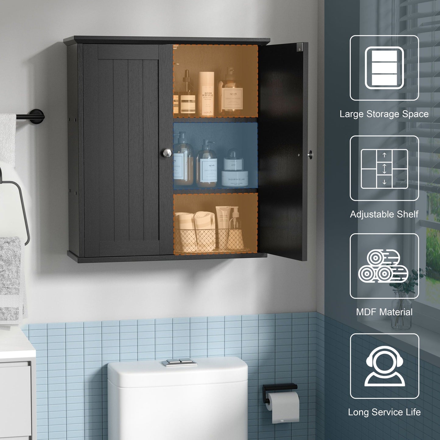 Meuble de salle de bain Futzca mural, meuble de rangement avec portes et étagères