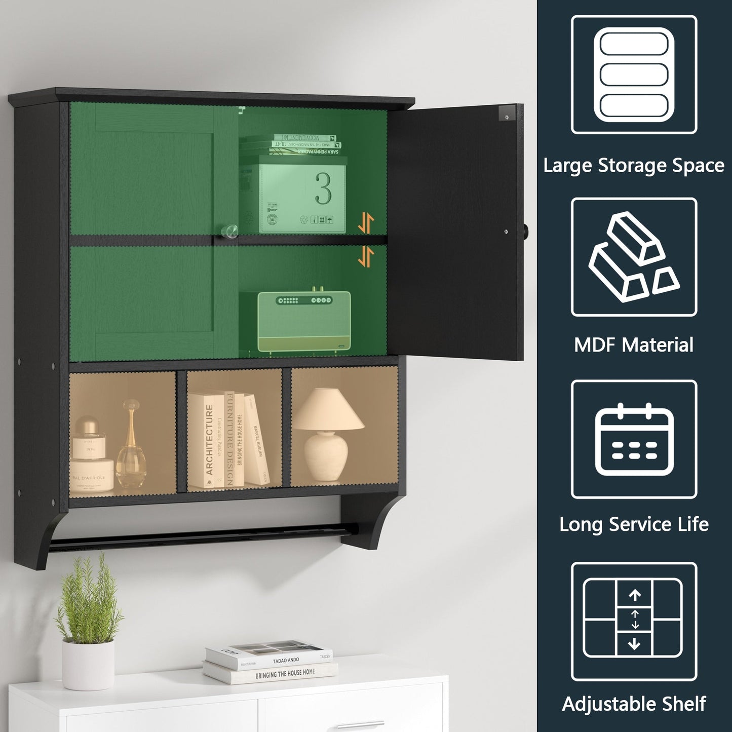 Meuble de salle de bain Futzca mural, meuble de rangement avec portes et étagères