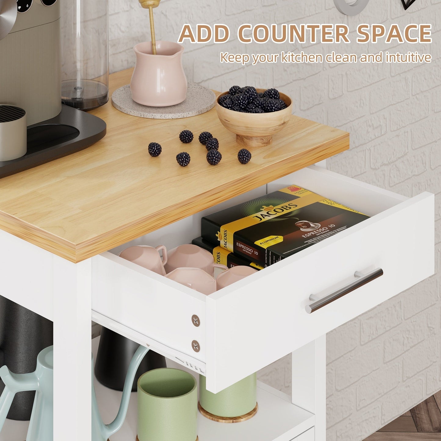 Futzca Kitchen Island Cart with Storage,Rolling Kitchen Island Side Table on Wheels with Worktop, White - N/A