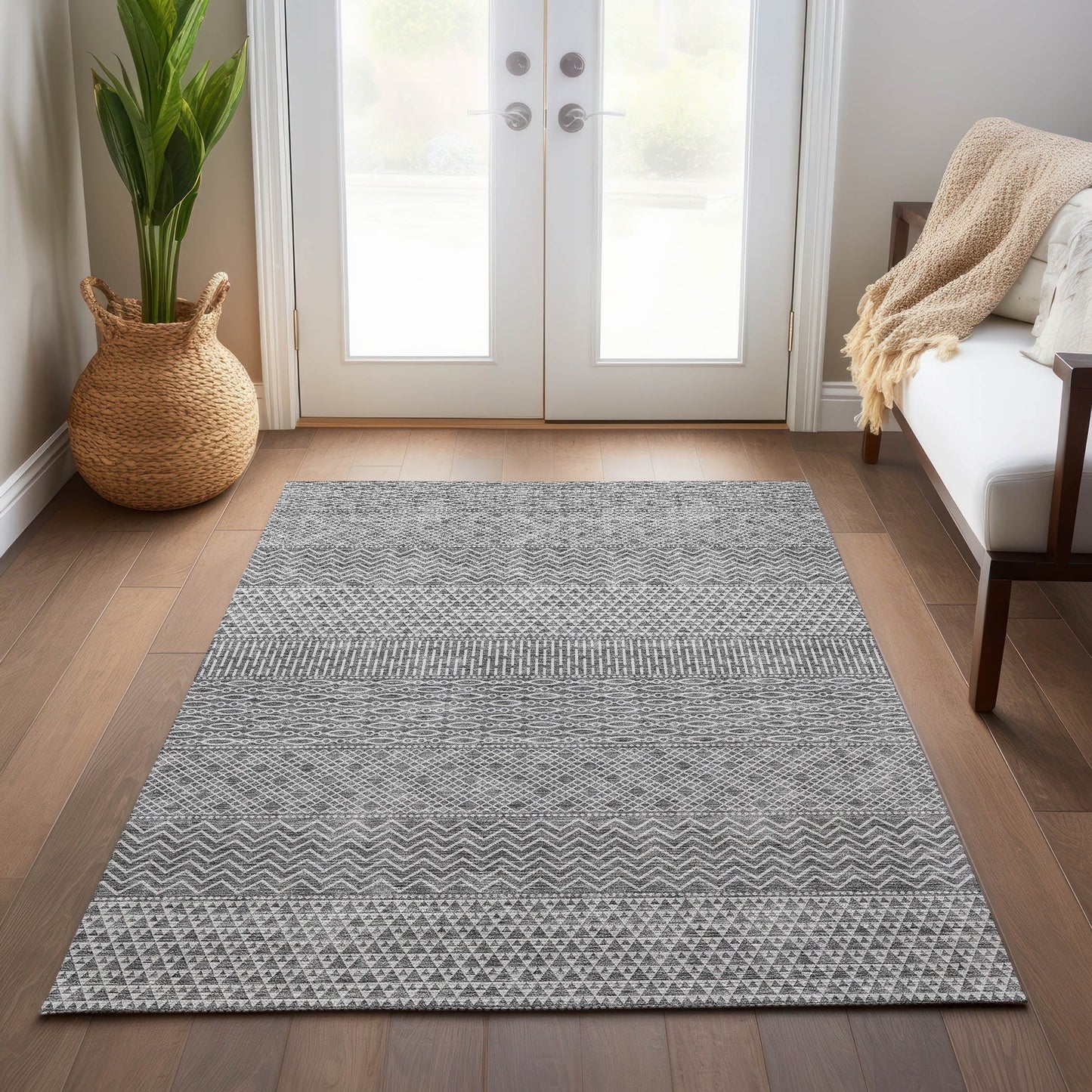 Tapis Chantille moderne à rayures lavable en machine pour intérieur/extérieur