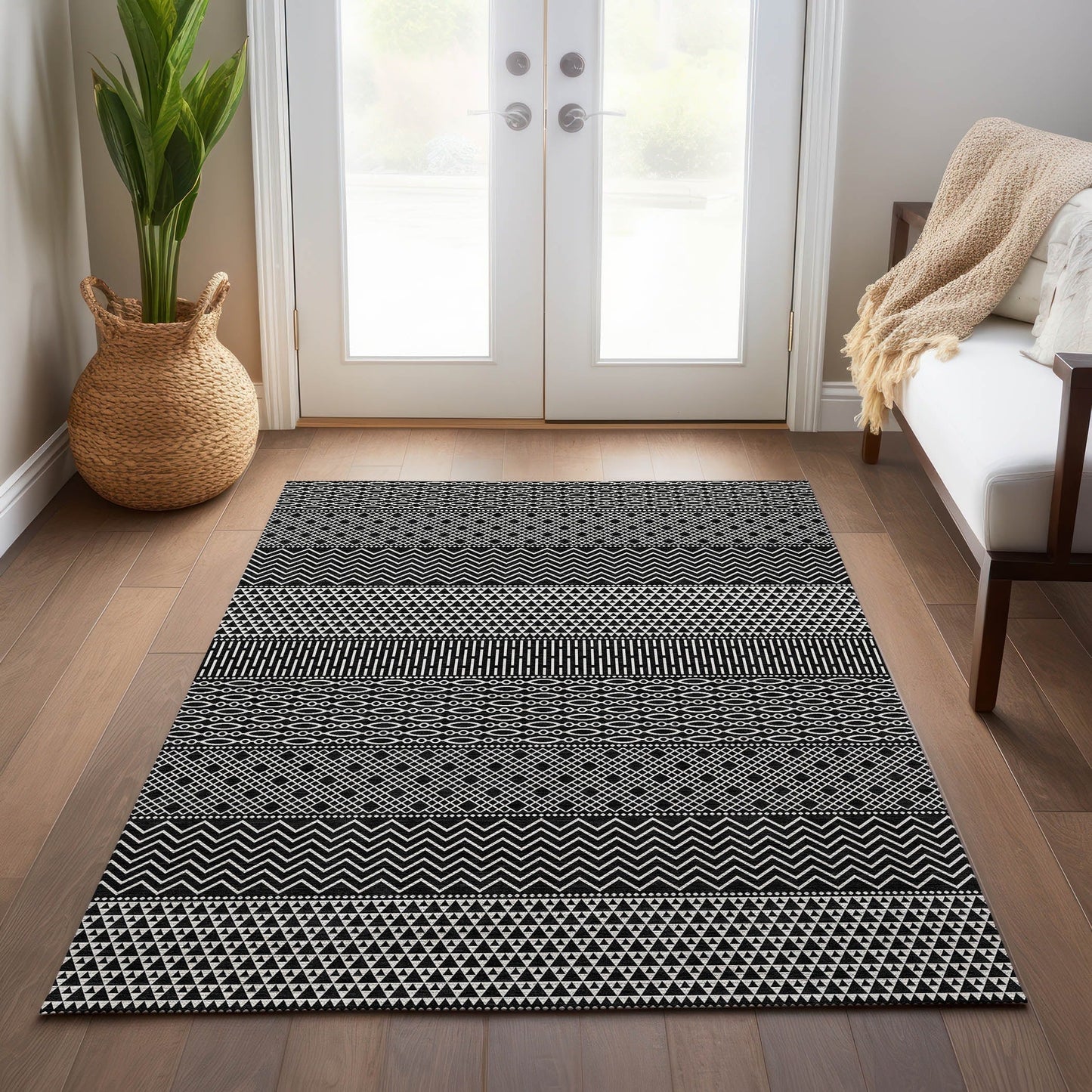 Tapis Chantille moderne à rayures lavable en machine pour intérieur/extérieur