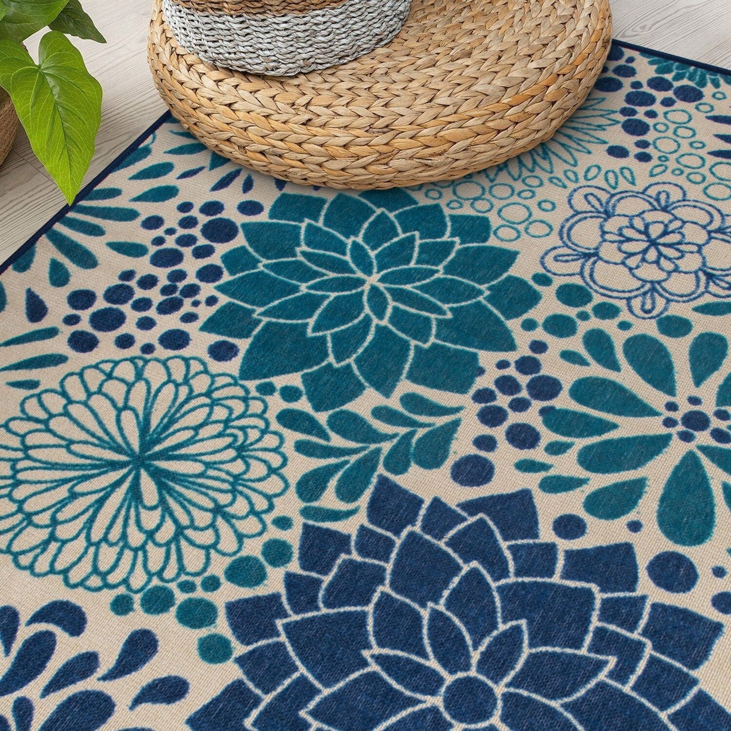 Tapis d'intérieur/extérieur tissé à plat à motifs floraux modernes