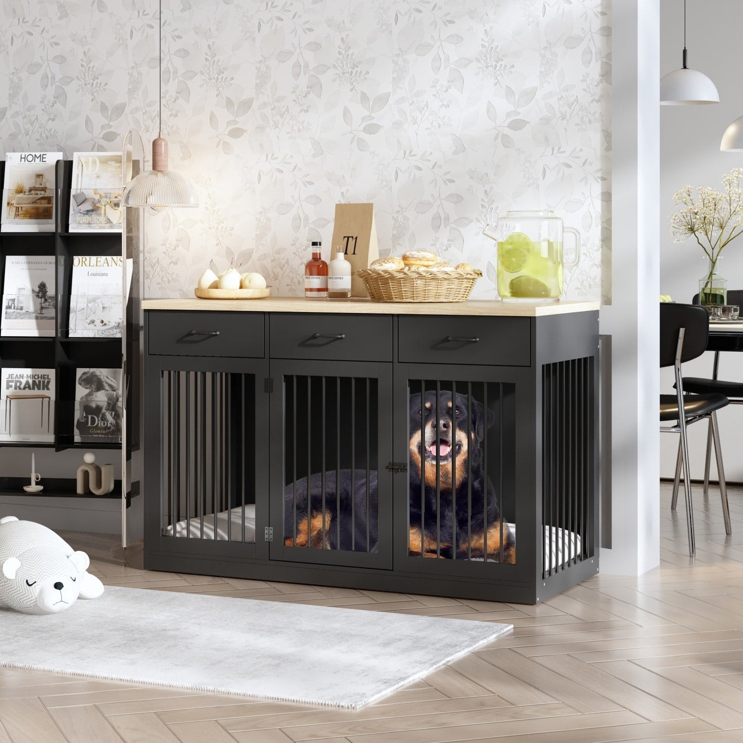 Élégant meuble en bois pour cage à chien avec rangement, 3 tiroirs