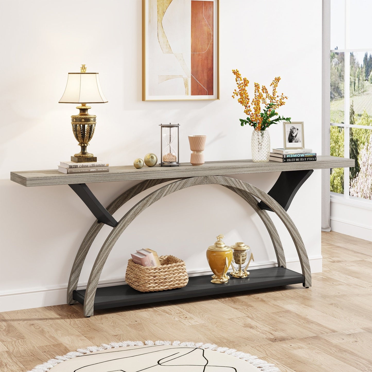 Console étroite à deux niveaux avec cadre semi-circulaire pour entrée, tables d'appoint de couloir grises