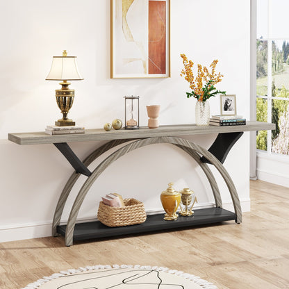 Console étroite à deux niveaux avec cadre semi-circulaire pour entrée, tables d'appoint de couloir grises