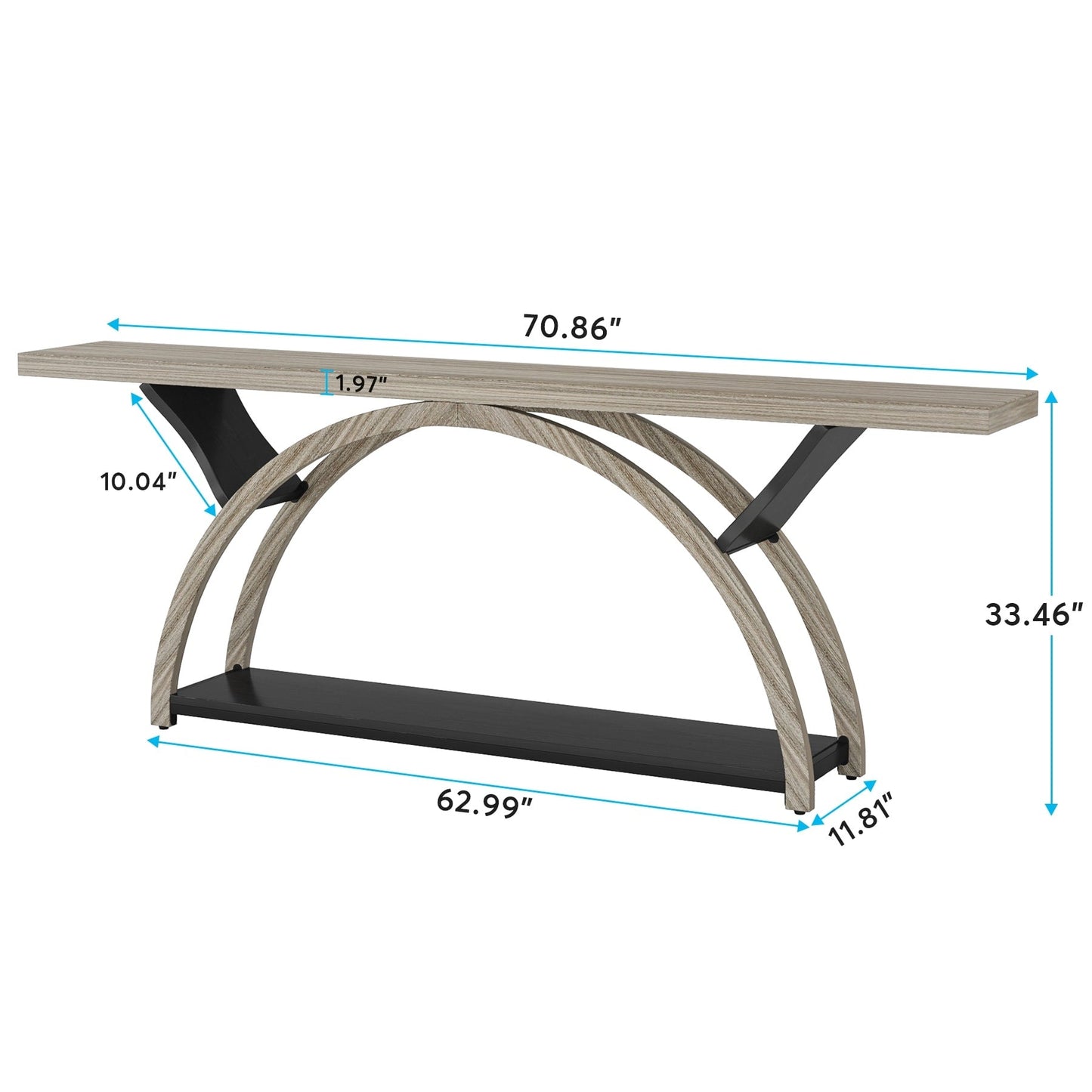 Console étroite à deux niveaux avec cadre semi-circulaire pour entrée, tables d'appoint de couloir grises