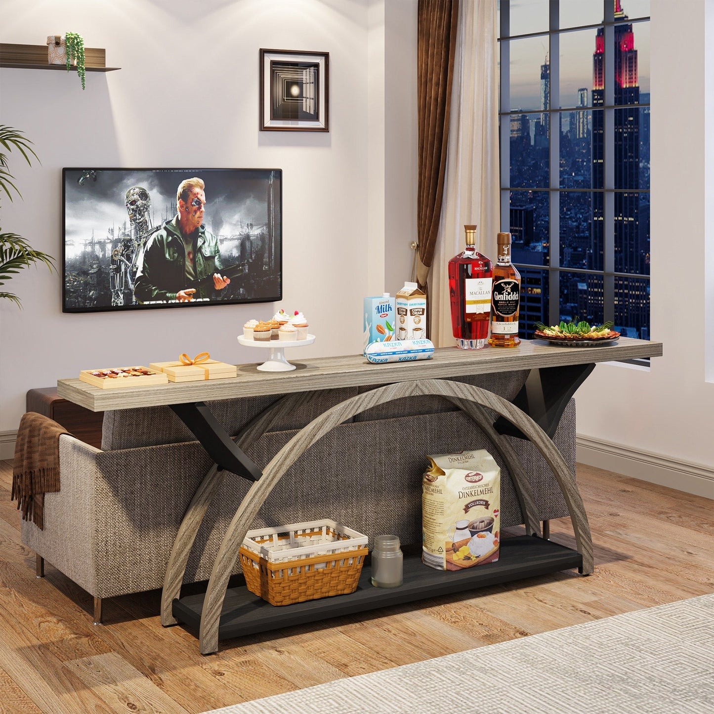 Console étroite à deux niveaux avec cadre semi-circulaire pour entrée, tables d'appoint de couloir grises