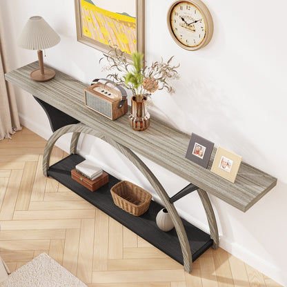 Console étroite à deux niveaux avec cadre semi-circulaire pour entrée, tables d'appoint de couloir grises