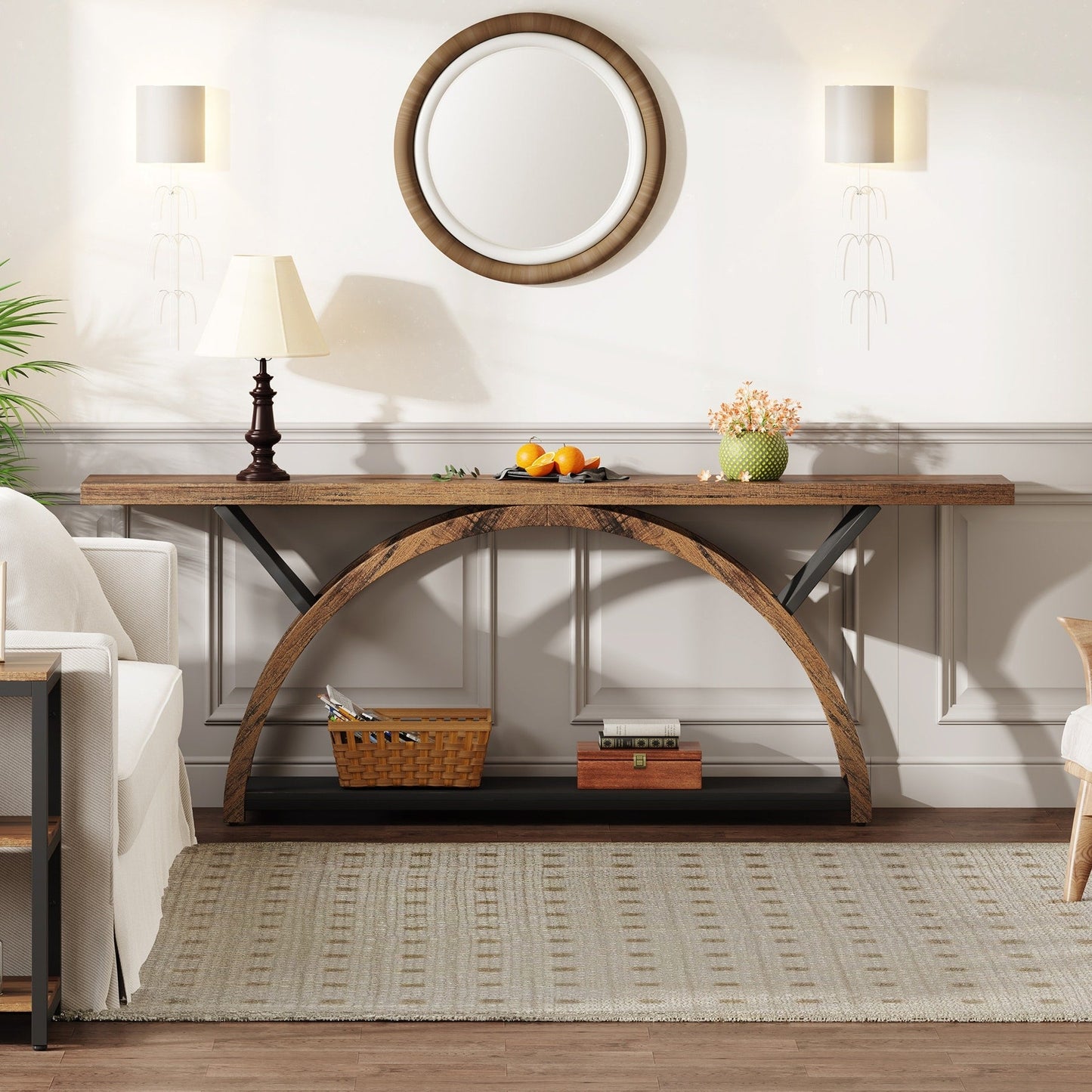 Console étroite à deux niveaux avec cadre semi-circulaire pour entrée, tables d'appoint de couloir grises