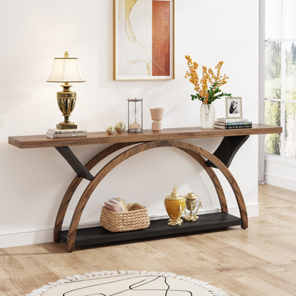 Console étroite à deux niveaux avec cadre semi-circulaire pour entrée, tables d'appoint de couloir grises