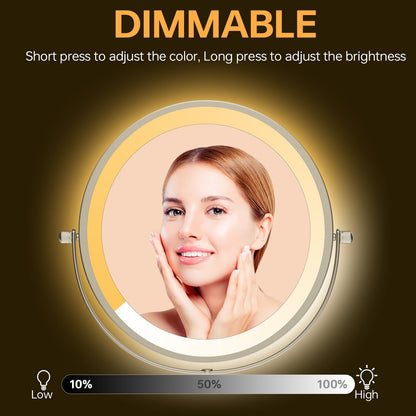 Miroir de maquillage mural rond de 8 pouces, rechargeable, grossissement 1x/10x, 3 lumières colorées