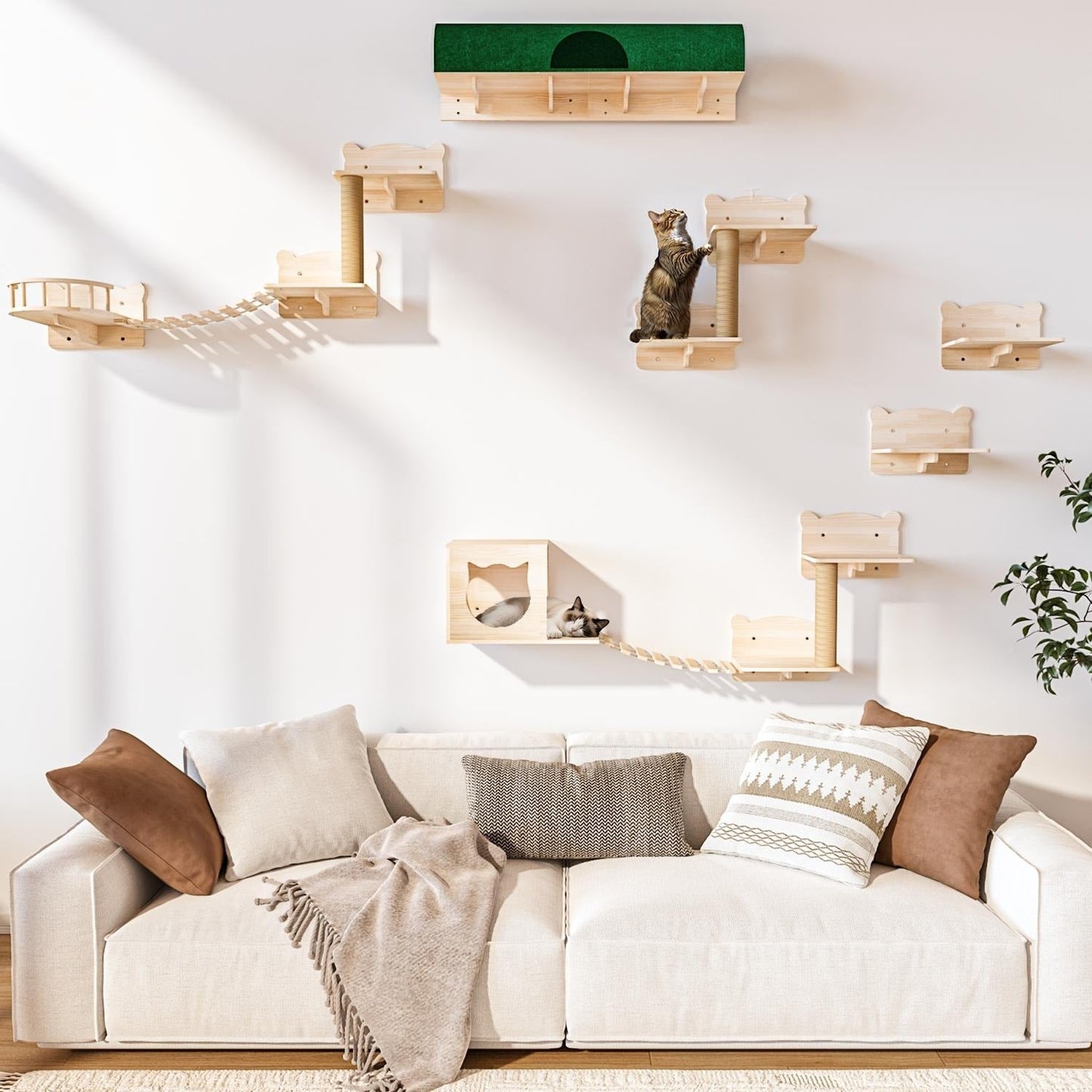 Système d'escalade mural pour chat en pin BOSSIN 9/16/18 pièces - Ensemble d'étagères murales avec lit pour chat, griffoir et tunnel
