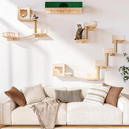 Système d'escalade mural pour chat en pin BOSSIN 9/16/18 pièces - Ensemble d'étagères murales avec lit pour chat, griffoir et tunnel