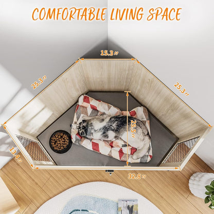 Niche d'angle pour chien Bossin, niche en bois de 44/52 pouces avec filet, niche décorative en bois pour chien, idéale pour l'intérieur