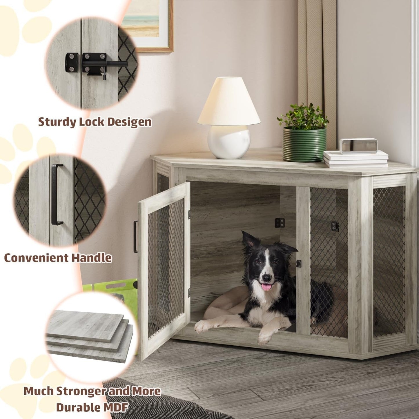 Niche d'angle pour chien Bossin, niche en bois de 44/52 pouces avec filet, niche décorative en bois pour chien, idéale pour l'intérieur