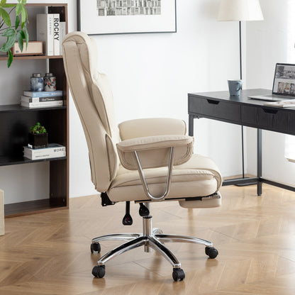 Beige Bonded Leather 360° Swivel Ergonomic High Back Office Recliner with Lumbar Support, Footrest, Adjustable Height
