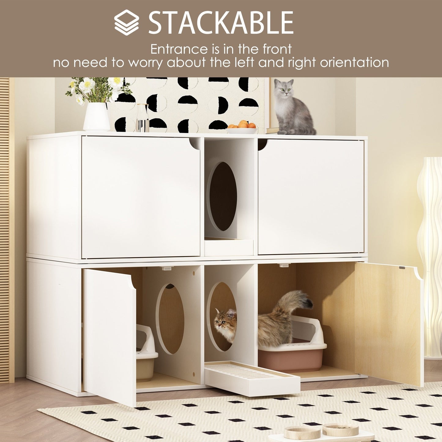 Bac à litière pour chat à deux compartiments, meuble multifonctionnel