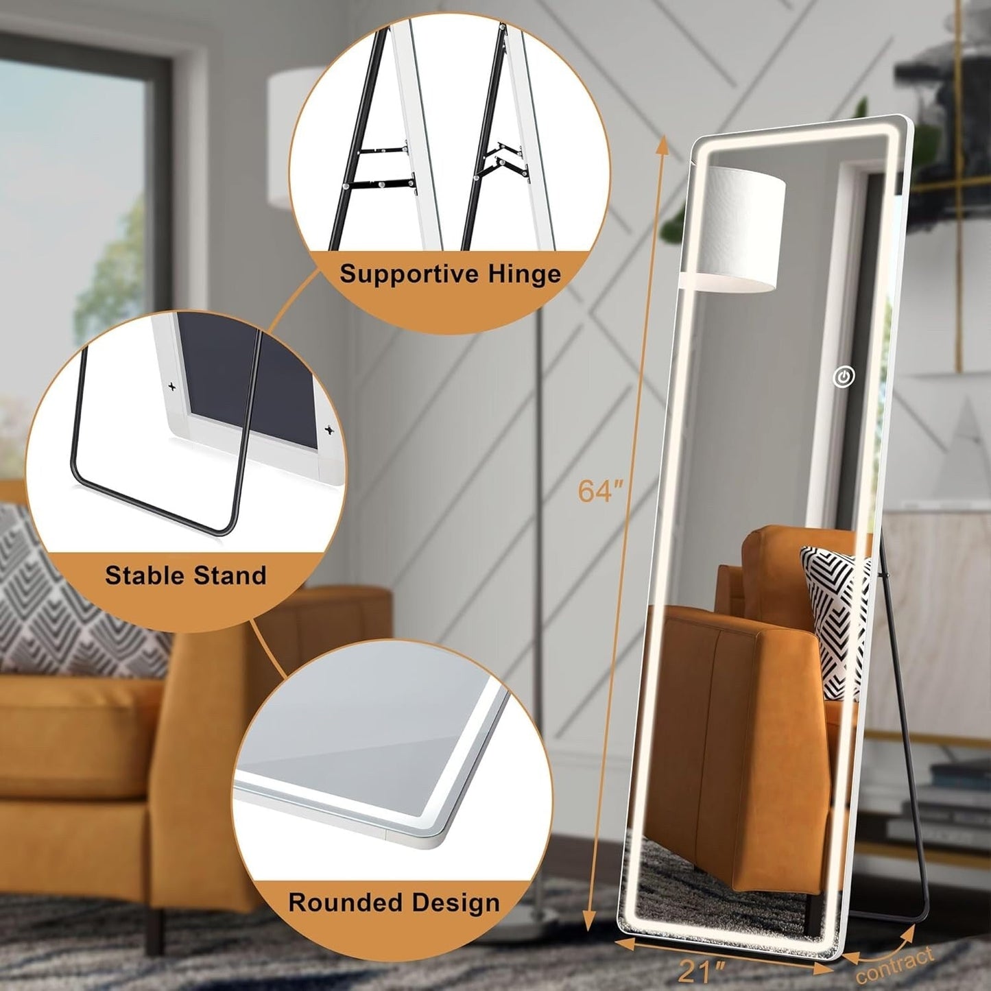 Miroir de sol avec éclairage LED, miroir pleine longueur 64 x 21 avec support, miroir suspendu, miroir mural, miroir intégral