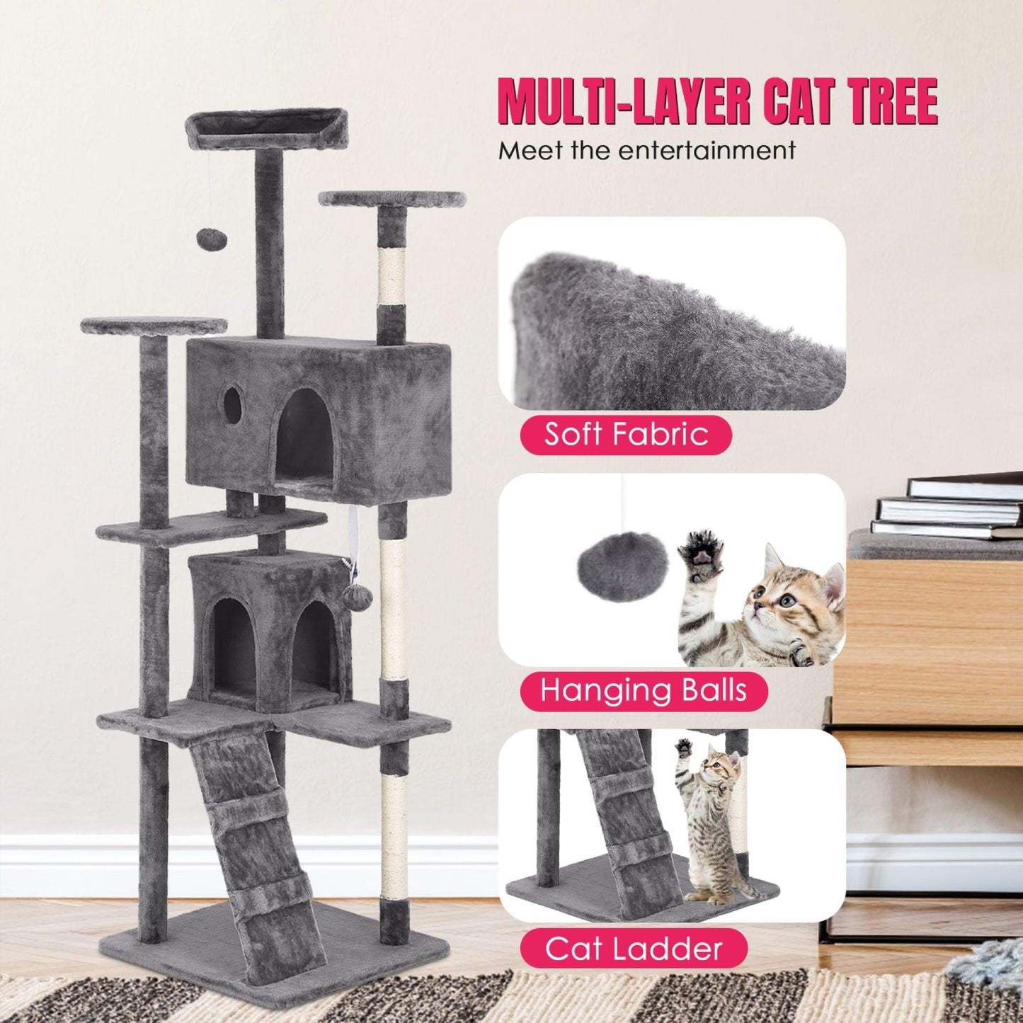 Arbre à chat Furniture of America, tour à chat à plusieurs niveaux avec échelle, plateformes et condos