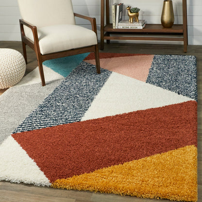 Tapis à poils longs Merril de style moderne du milieu du siècle, à blocs de couleurs