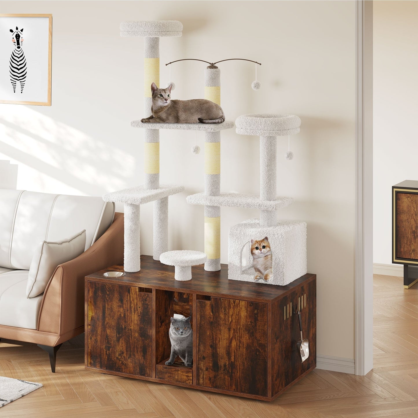 Enceinte double pour litière pour chat Moasis avec griffoir et arbre à chat