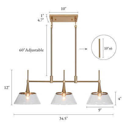 Lustre moderne Mola en verre grainé doré à 3 lumières, luminaire suspendu linéaire pour salle à manger