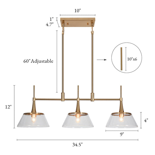 Lustre moderne Mola en verre grainé doré à 3 lumières, luminaire suspendu linéaire pour salle à manger