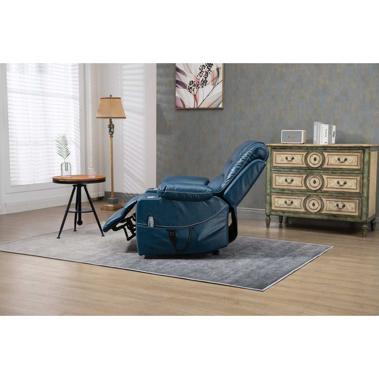 Oversized PU Leather Power Lift Recliner with Massage, Lumbar Heating, Cup Holder, 180° Flat Lay