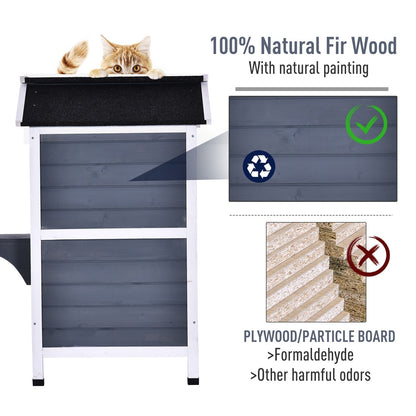 Maison pour chat d'extérieur PawHut en bois de sapin à deux étages, abri pour chats sauvages en bois avec toit en asphalte ouvrable pour intérieur/extérieur, blanc/gris