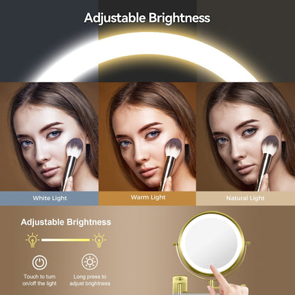 Miroir de maquillage mural rond de 8 pouces, rechargeable, grossissement 1x/10x, 3 lumières colorées
