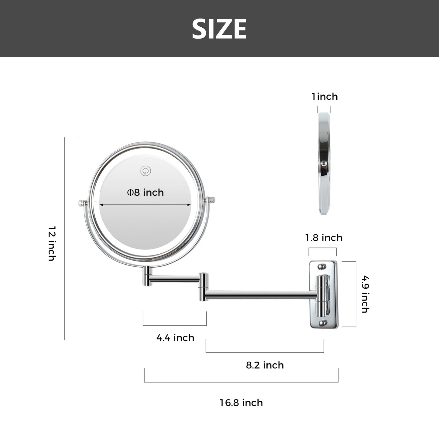 Miroir de maquillage mural rond de 8 pouces, rechargeable, grossissement 1x/10x, 3 lumières colorées
