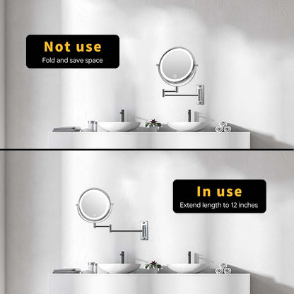 Miroir de maquillage mural rond de 8 pouces, rechargeable, grossissement 1x/10x, 3 lumières colorées