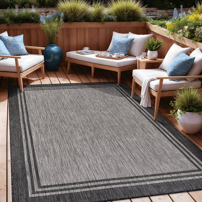 Washable Bordered Indoor Outdoor Rug for Patio, Deck, Porch